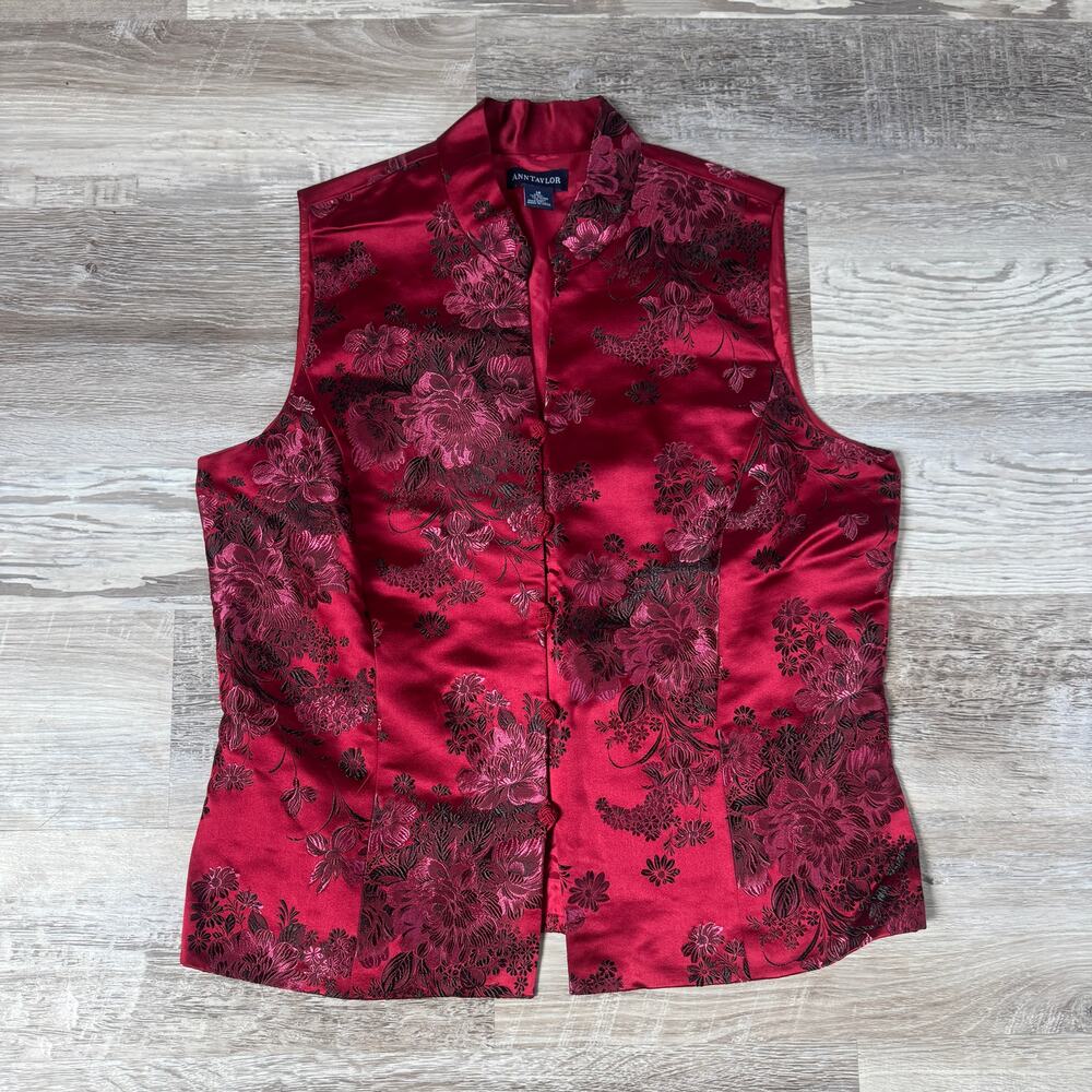 Vintage 90s Y2K Ann Taylor Silk Mandarin Collar Jacquard Frog Button Top Red 14